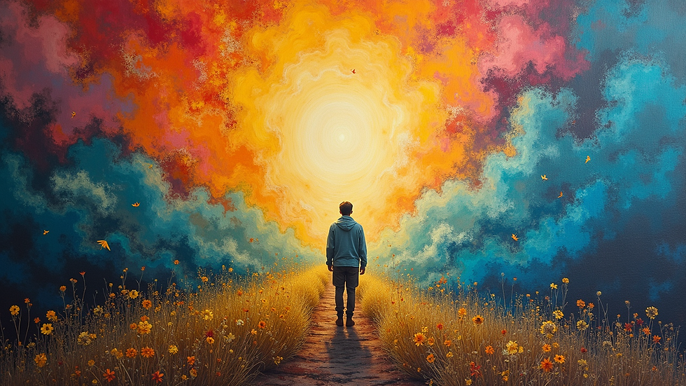 Vista frontal de pintura espiritual colorida com símbolos de energia e natureza