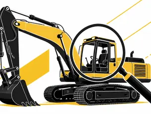 A clean vector illustration of a yellow excavator with a magnifying glass focused on the cab, representing a targeted search for heavy equipment talent 