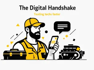 Technician working on heavy equipment in a service bay checking a text message on his phone.