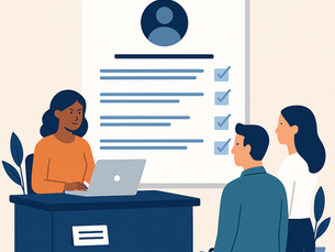Illustration of a recruiter reviewing sales candidates on a laptop, symbolizing modern, targeted hiring for sales roles in industries like RV, solar, and powersports.