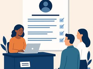 Illustration of a recruiter reviewing sales candidates on a laptop, symbolizing modern, targeted hiring for sales roles in industries like RV, solar, and powersports.