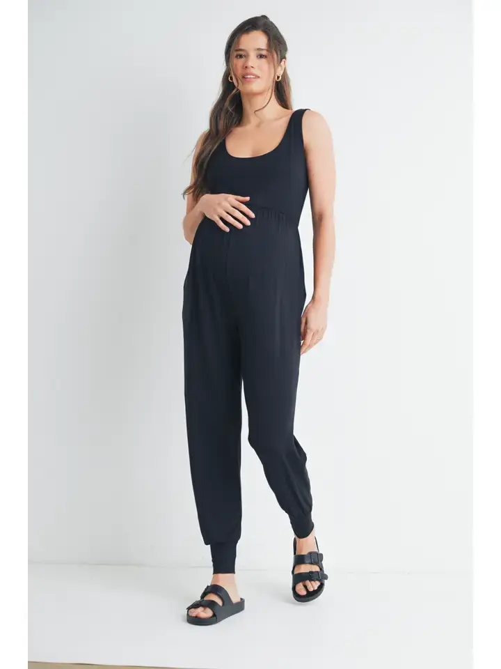 Scoop Neck Sleeveless Maternity Jogger Jumpsuit | Hello Miz
