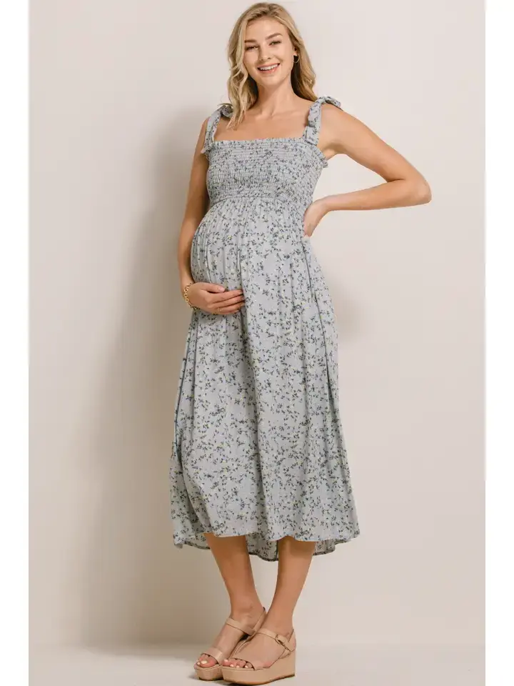 Floral Smocked Tie-Strap Maternity Midi Dress | Hello Miz