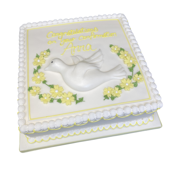 Beautiful white confirmation cake decorated with a delicate dove symbol on top, perfect for celebrating a special occasion.