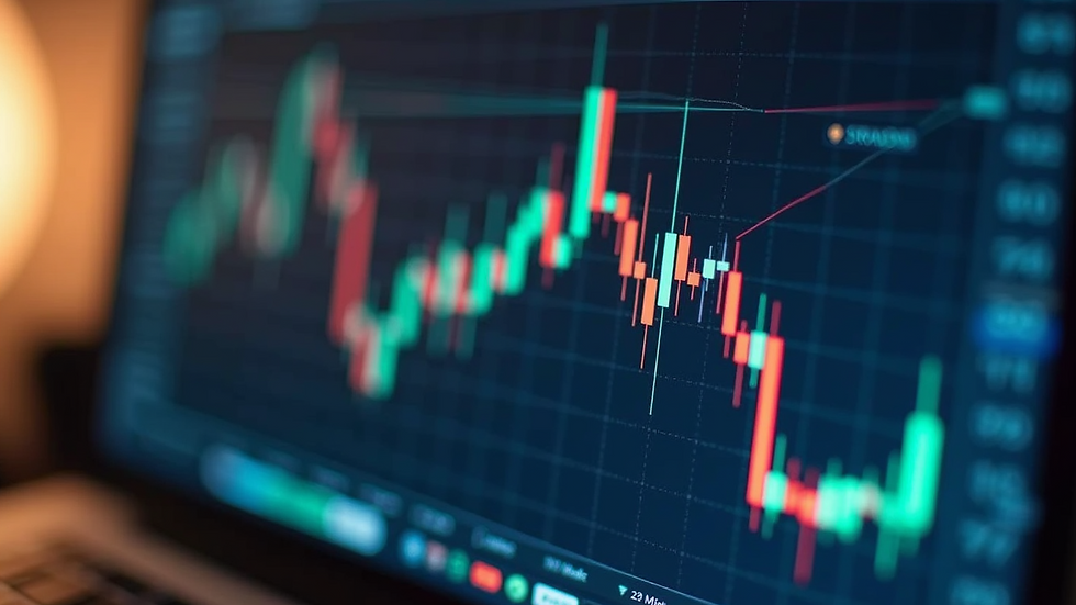 Close-up view of a computer screen displaying cryptocurrency charts and stock market graphs