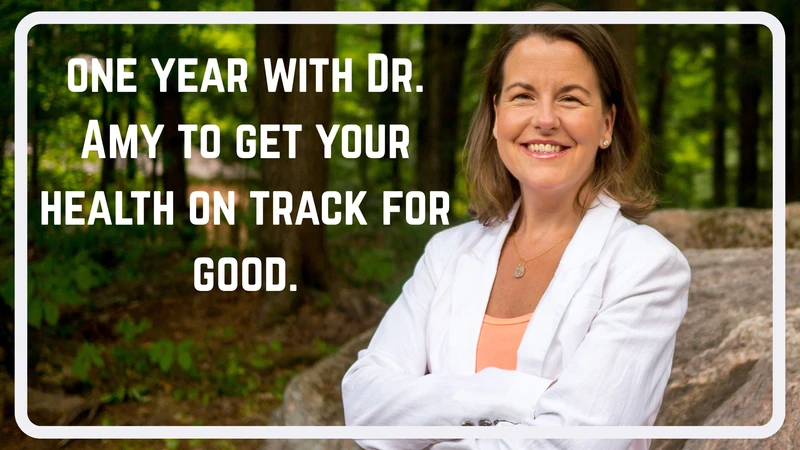 Image of Dr. Amy Neuzil with the text "One Year With Dr. Amy to Get Your Health On Track For Good" to describe a one-year coaching program for MTHFR that has both short empowering videos, a step-by-step MTHFR program, and one-on-one consultations with Dr. Amy