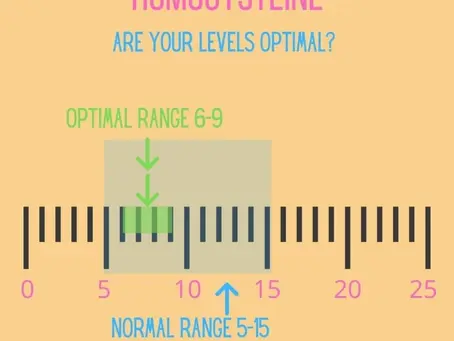 A numerical graph highlighting both the normal range for homocysteine (5 - 15) and the narrower optimal range (6 - 9).