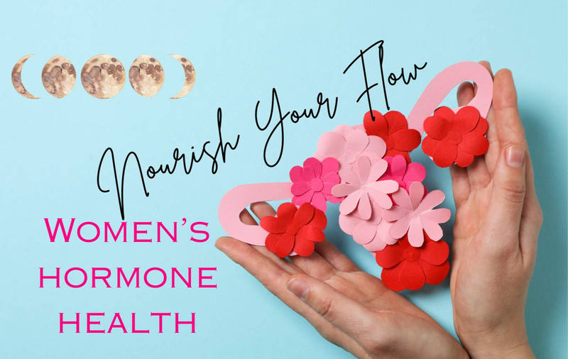 women's hormones health course showing uterus made of flowers, moon cycles for regular periods, and the words "Women's hormone health course" and "Nourish Your Flow"