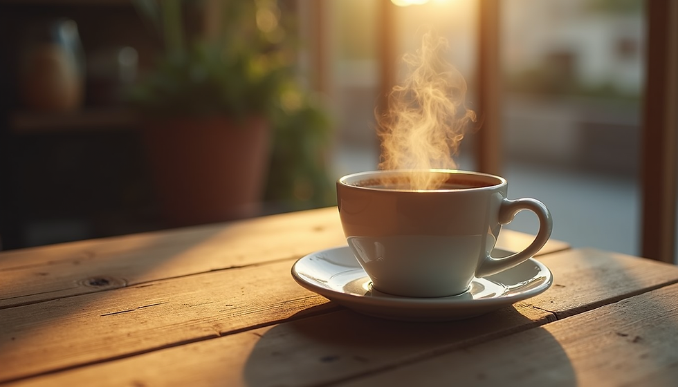 A steaming mug of coffee, lit from behind, to represent this discussion of coffee for MTHFR gene mutation and methylation