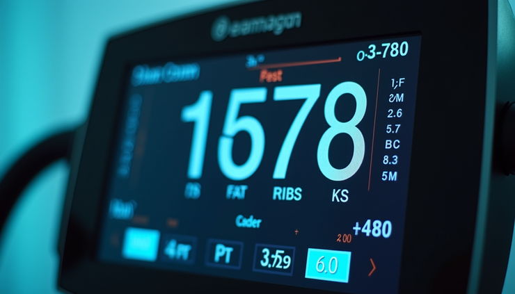 Close-up view of a body composition analyzer showing fat percentage and muscle mass