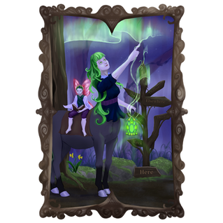 A picture of a centaur casting aurora and carrying a fairy