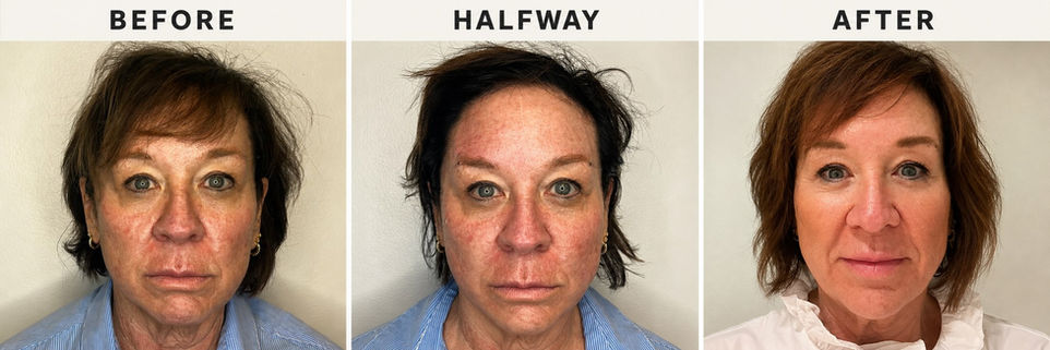 Before, halfway, and after real client results showing facial rejuvenation, PDO thread lift support, skin tightening, and natural-looking contour improvement at Elegant Aesthetics and Wellness in Franklin TN