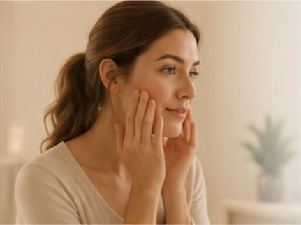 Woman touching her face with healthy glowing skin in a soft spa-inspired setting