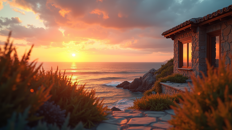 Eye-level view of a beautiful coastal property with a stunning sunset