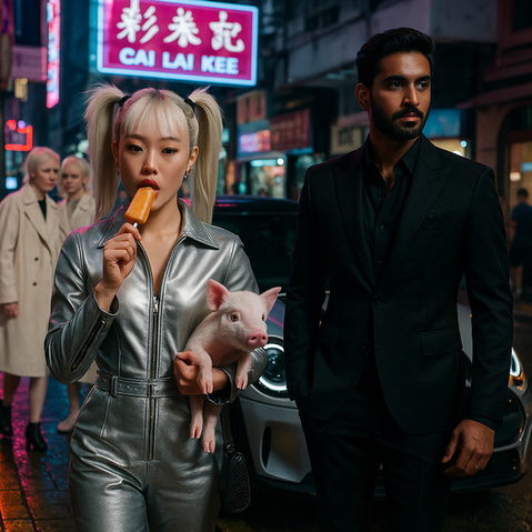 It's a Funny Couple, like Netflix Series. We can see a Indian handsome Man dress in black and a Chinesse Blond girl eating an icecream and with a baby pig puppy.