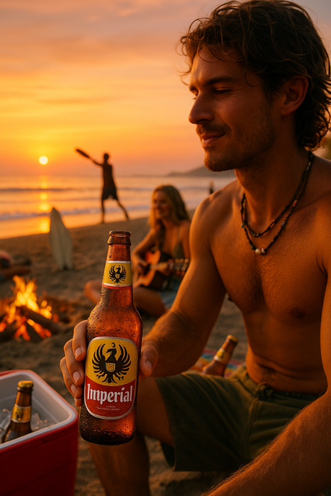Vemos a un hombre disfrutando de una Imperial de botella al atardecer, sus amigos tiene una fogata, hielera con más cervezas, uno está jugando, otro tocando guitarra