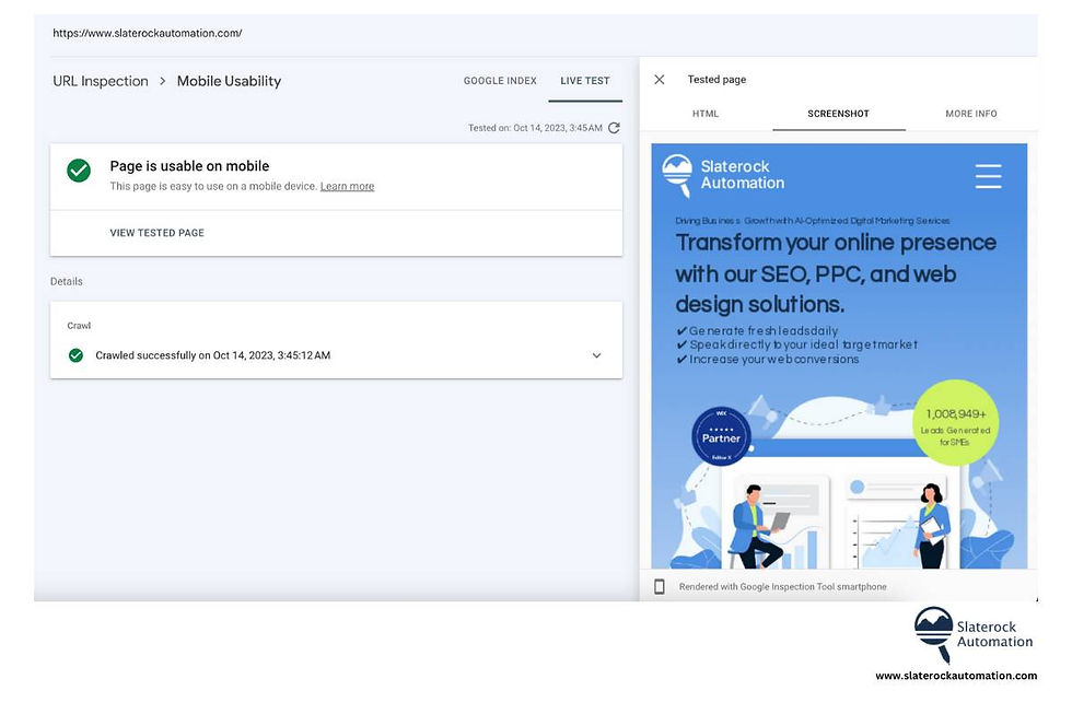 SlaterockAutomation.com Mobile Usability Test Results in Google Search Console