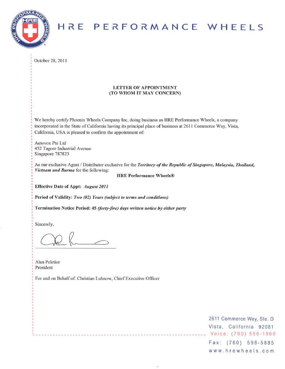 HRE Performance Wheels Appointment Letter