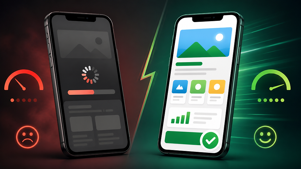 Website speed optimization comparison showing fast versus slow loading small business website on mobile