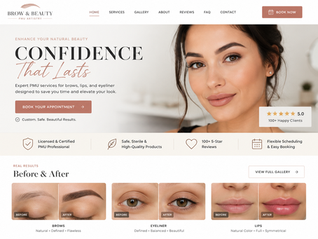 PMU artist website design example showing before-and-after gallery, booking button, and trust signals for permanent makeup clients