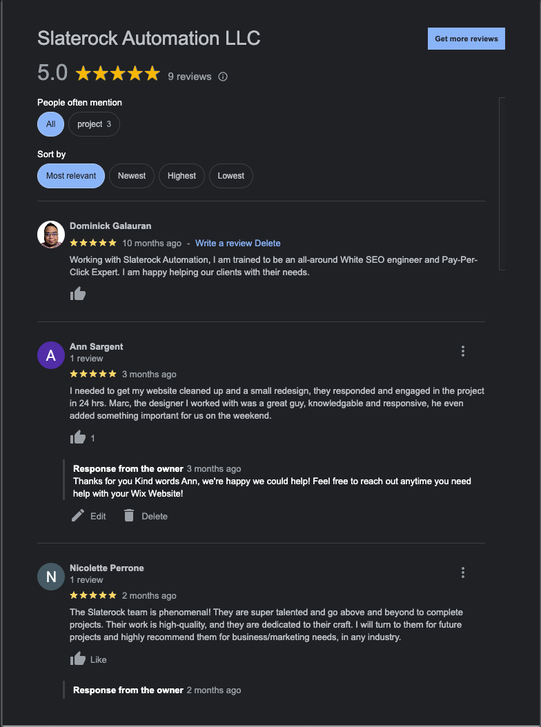 Google Reviews of Slaterock Automation