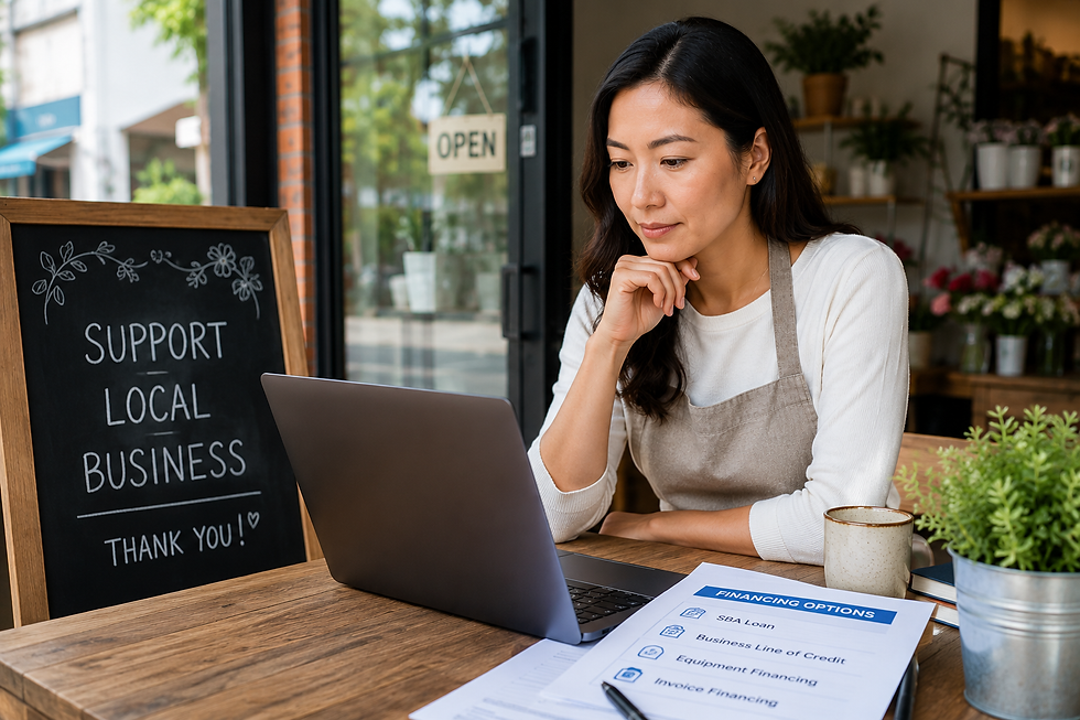 Woman entrepreneur researching small business loans for women at her small business - DirectLend.AI