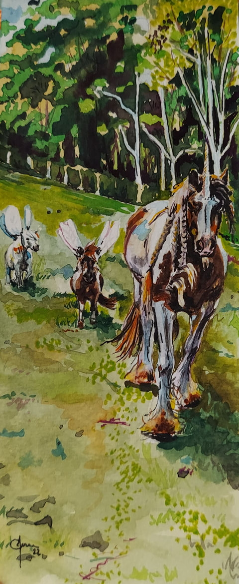 Horses with wings and a unicorn horn