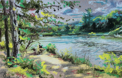 painting of pond with blues and golden colors