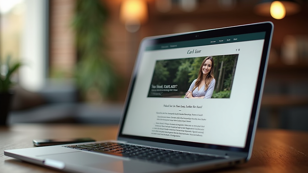 Eye-level view of a laptop displaying Kari Lizer's landing page