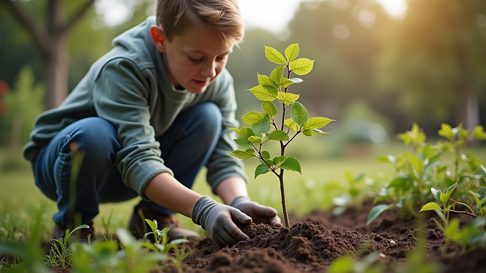 Close-up view of student planting a tree in a community garden