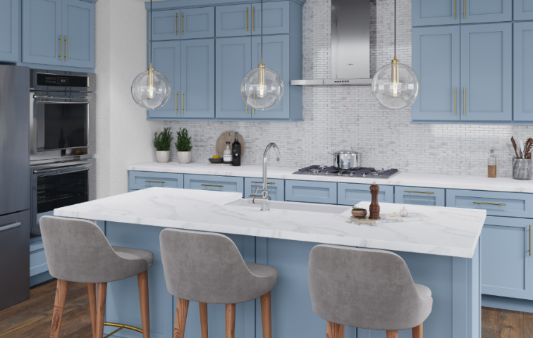 two toned exterra blue RTA kitchen cabinets