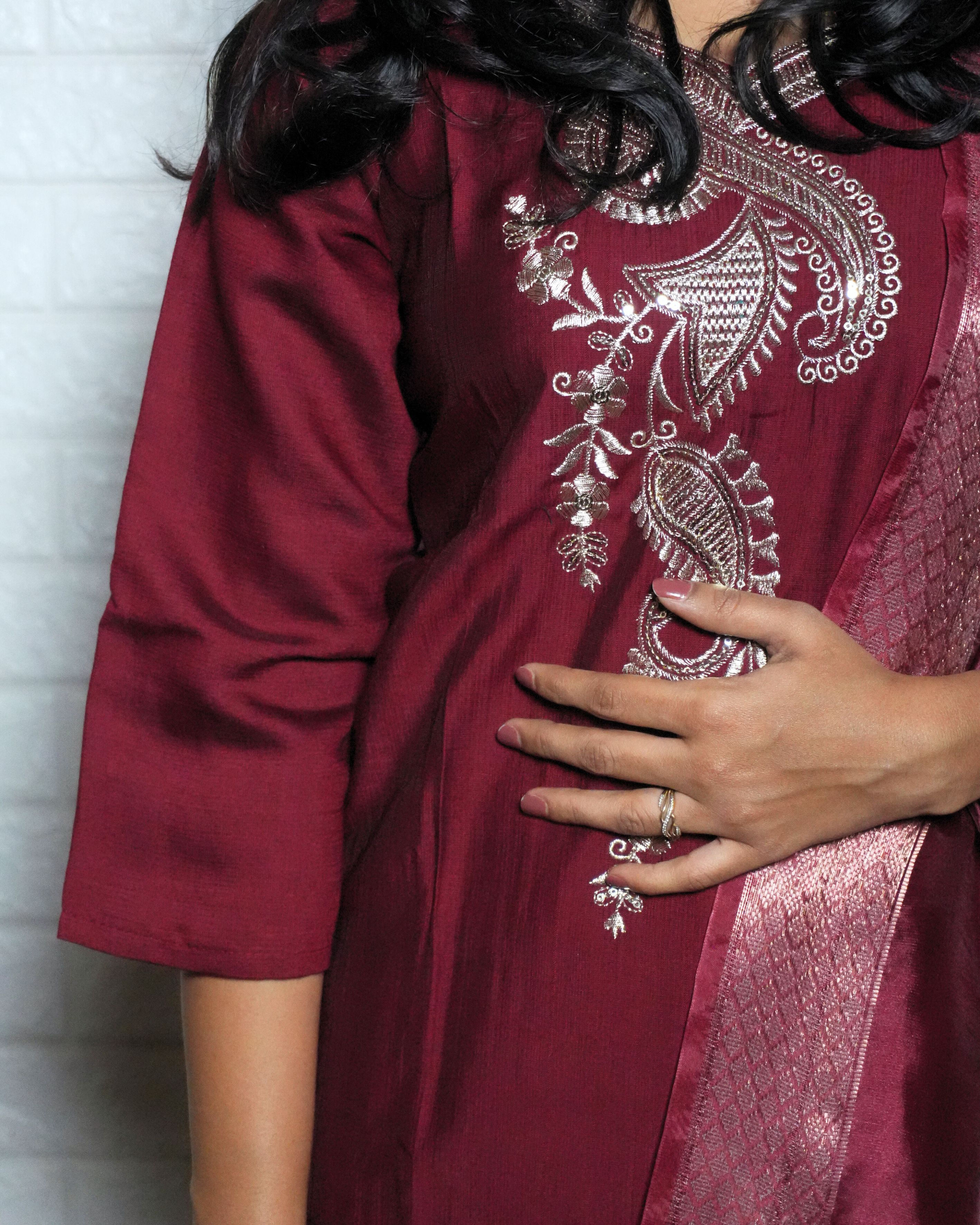 Maroon and Gold Embroidered Kurti set