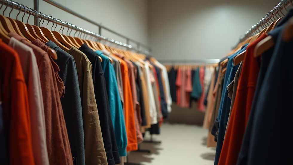 Eye-level view of a clothing rack filled with diverse fashion pieces