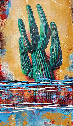 Tilted to the Left Saguaro., P. E. Martin original pop art 10x20 Mixed Media: Acrylic paint, photo, oil pastel and acrylic ink on prepared panel board.