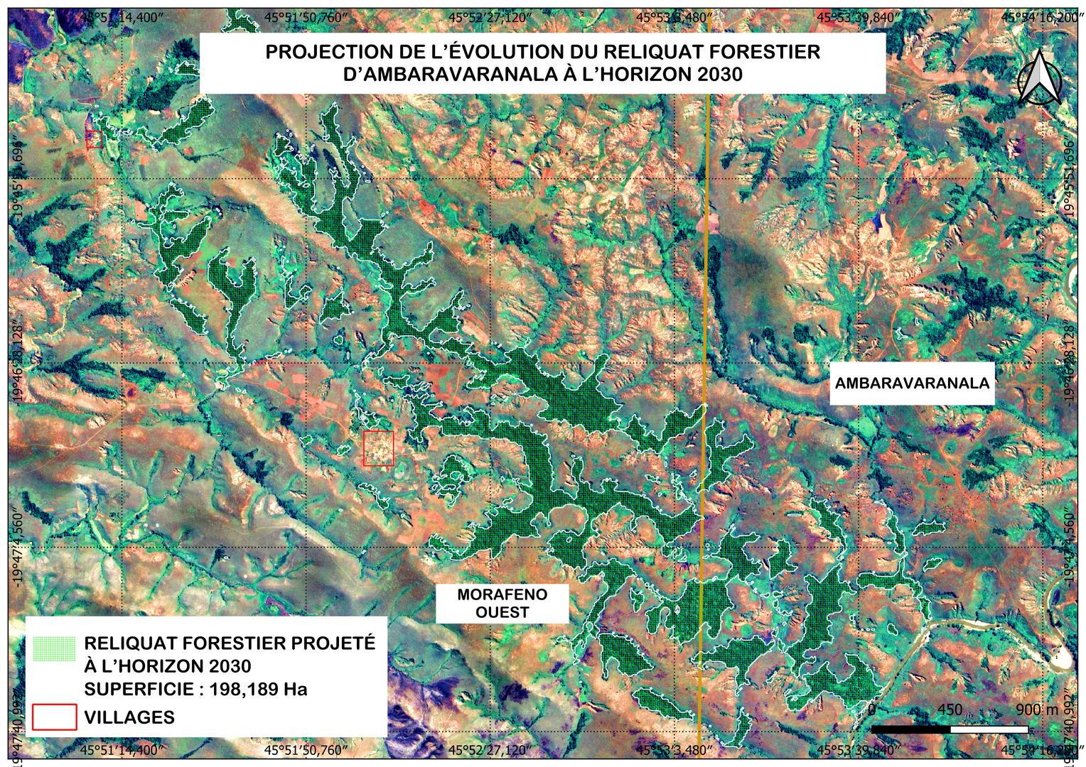 Cartographie de la projection de la  forêt d'Ambaravanala en 2030