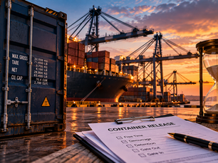 Ilustração de contêiner, navio e guindastes em terminal portuário ao entardecer, com ampulheta e documentos sobre free time, demurrage e detention.