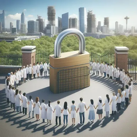 A group of people circling a physical lock.