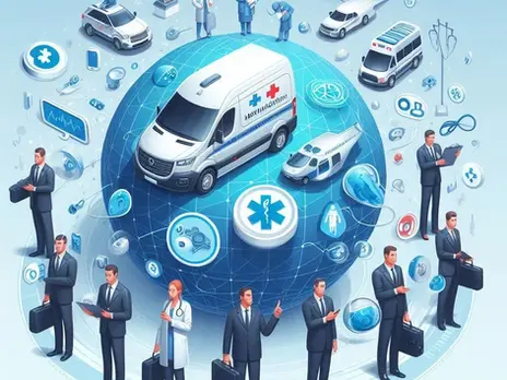 An animation of medical van and men in suits.