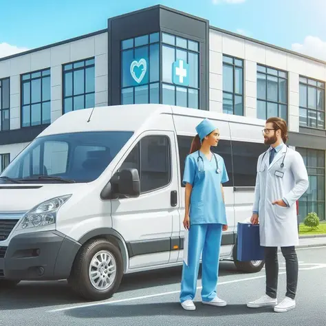A female nurse talking with a male doctor next to a white van.