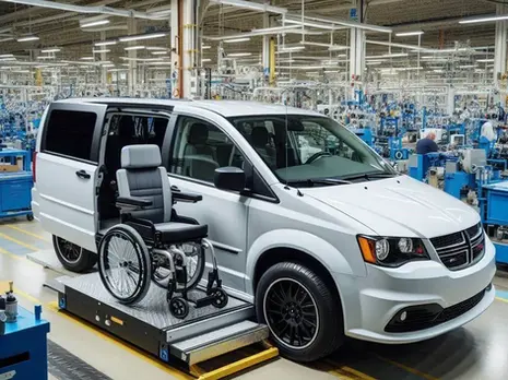 Image of a wheelchair next to a white dodge caravan in a factory.