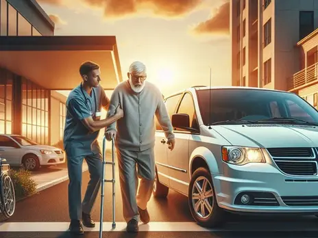 Man using a walker being helped next to a white van with sun in background.