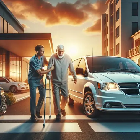 Man using a walker being helped next to a white van with sun in background.