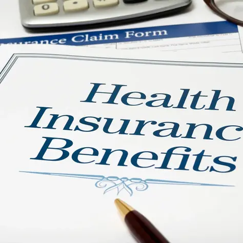 Health Insurance Benefits document with pen, glasses, and calculator on a desk. Blue text on a white background, suggesting organization.