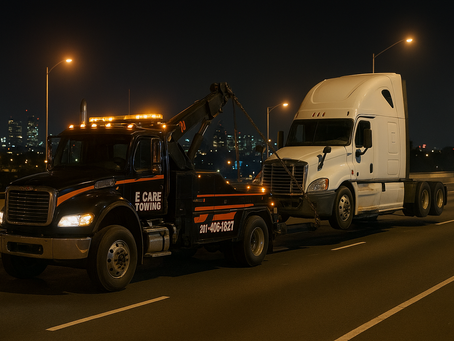 E Care Towing heavy-duty tow truck recovering a white semi-truck on a Newark highway at night with city lights in the background