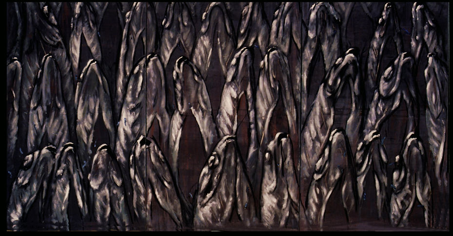 Large-format oil painting by Pittjes Hitschfeld depicting a chorus of dead fish in a dark maritime Large-format oil painting by Pittjes Hitschfeld depicting a chorus of dead fish in a dark maritime setting.