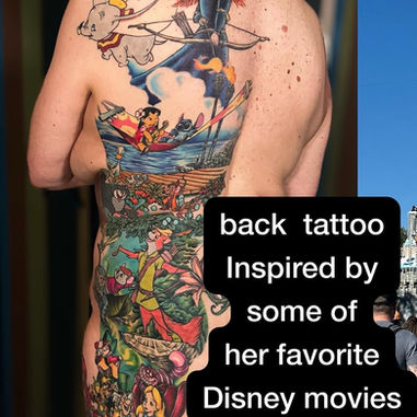 Full color backpiece tattoo of selected scenes from famous Walt Disney movies by JJ Ohlinger Prohibition Ink Utah Dumbo Merida Brave Lilo & Stitch Disney Robin Hood Disney Alice in Wonderland
