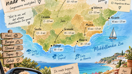 Geïllustreerde kaart van Spanje met verschillende regio's en bestemmingen voor onze emigratie en huizenzoektoch