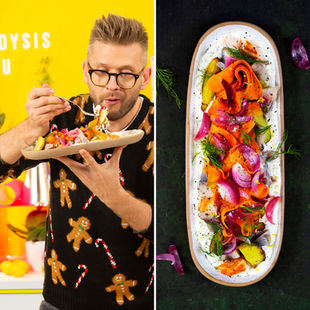 Kūčių silkė su skrudintomis bulvėmis, krienų padažu ir lašiša (Receptas)