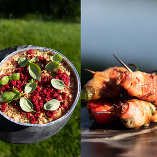 VIENAS GAMTOJE receptai: feta įdaryti pipirai su šonine ir ant grilio keptos vaisių salotos