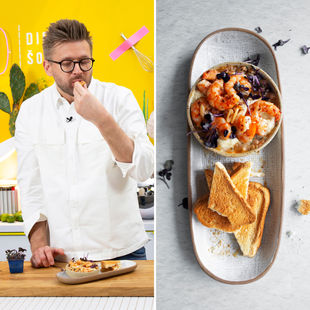 Greitai pagaminamas lašišos kapotinis su keptomis krevetėmis  (Receptas)